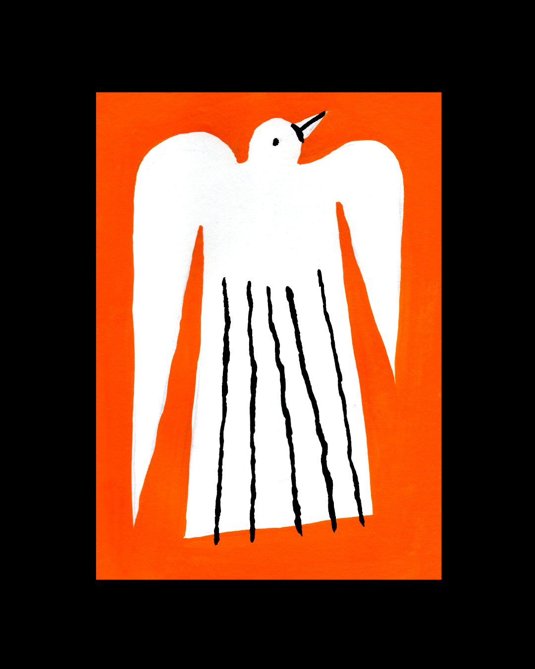 The abstract art piece titled Bird Illustration by Cristian Blesnoc, showcasing a white bird with elongated wings and vertical black lines on a bright orange background, is now available for sale.